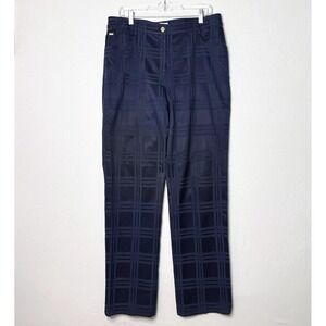 St John Jacquard Navy Blue Marie Pants 12 Windowpane Plaid Career READ 33" Long